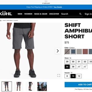 Kuhl men’s Shift Amphibia shorts.  New w/ tags. Sz36, 10” inseam.  Color-carbon